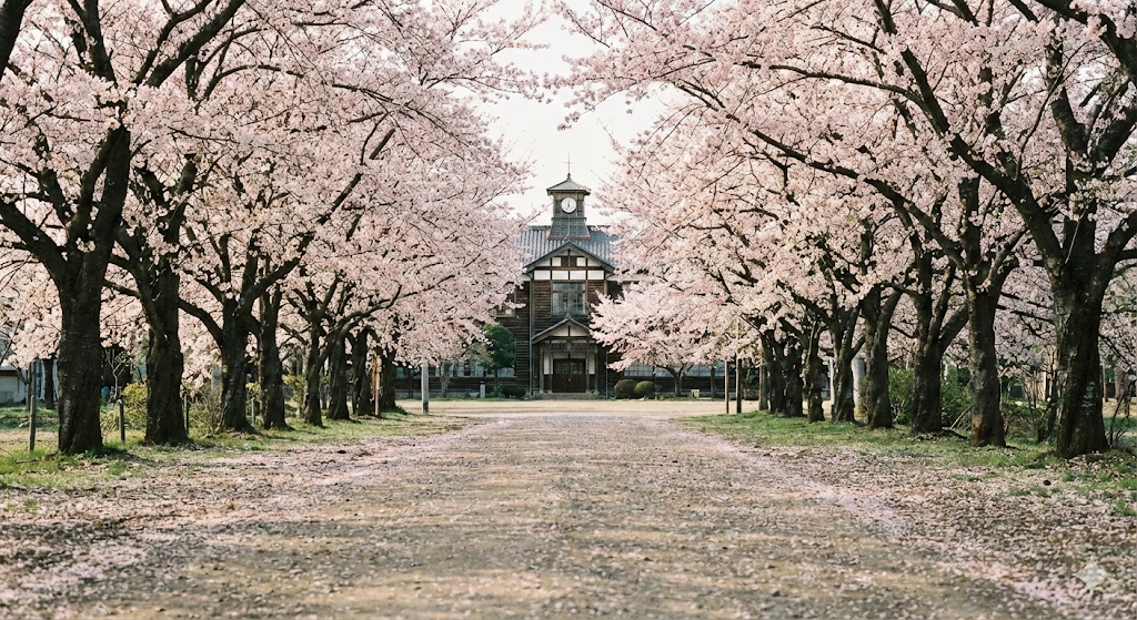 春の桜と学校の写真。